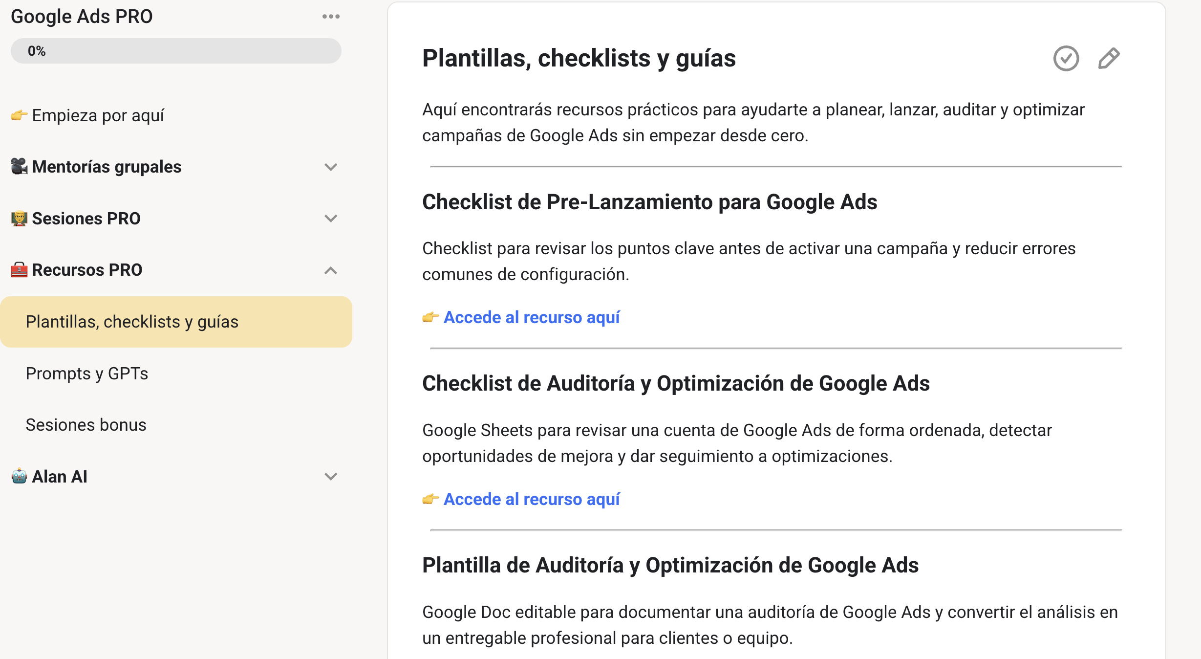 Panel de Recursos PRO con plantillas y checklists de Google Ads